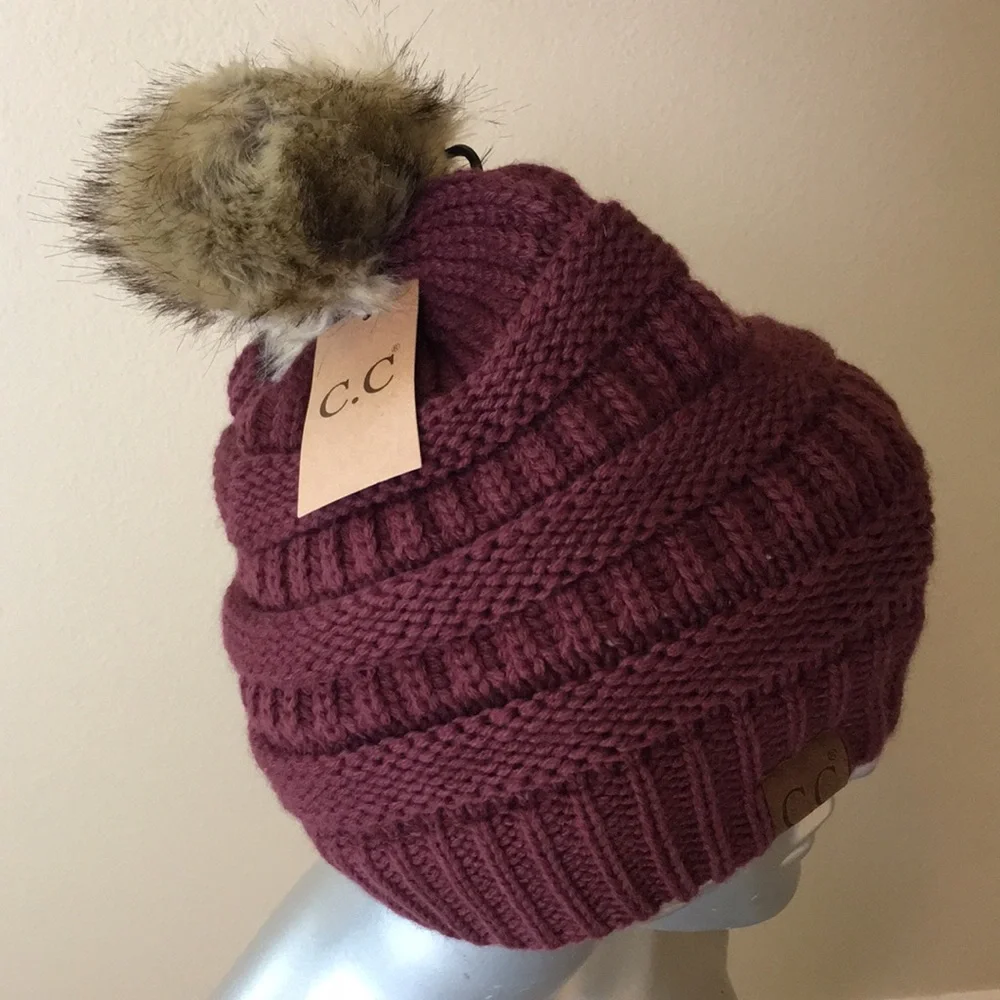 C.C Knit Beanie With Faux Fur Pom